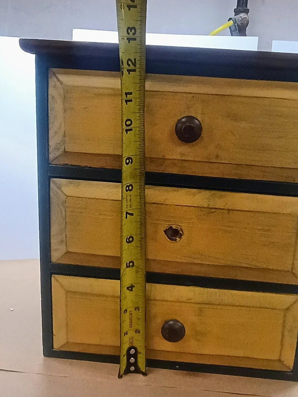 Small 3 Drawer Pine Accent Chest, Blue With Yellow Drawers, Rustic